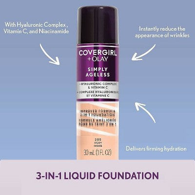 COVERGIRL + Olay Simply Ageless 3-in-1 Liquid Foundation with Hyaluronic Complex + Vitamin C 220 Creamy Natural 1 fl oz - Imperfect Container by This is Beauty US
