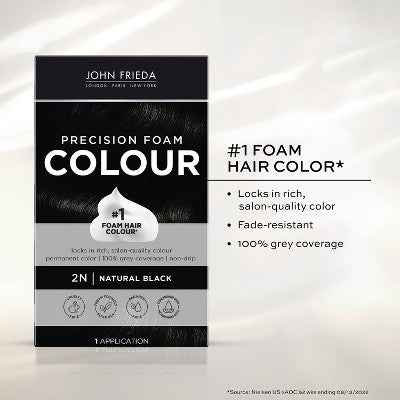 John Frieda Luminous Black Precision Foam Color, Hair Color Foam 2N Natural Black - Imperfect Box by This is Beauty US