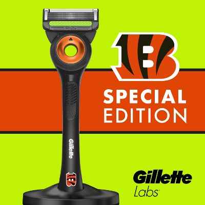 Gillette Labs Mens Special NFL Bengals Edition Shaving Razor with 4 Refills and Magnetic Stand - New