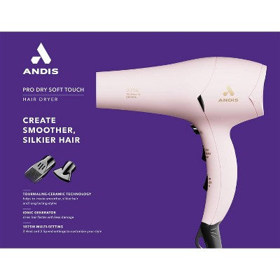 Andis Soft Touch Pro Dry Tourmaline Ionic Dryer Pink 1875 Watts - Imperfect Box by This is Beauty US