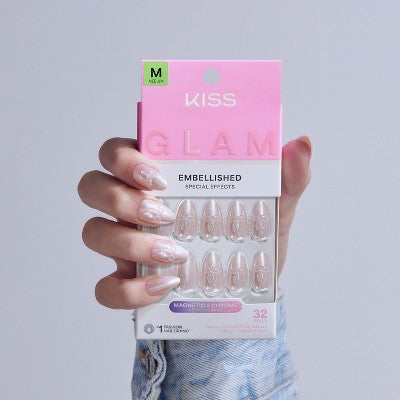 KISS Nails GLAM Jeweled Press-On Fake Nails Medium Almond Ripple 35ct - New by This is Beauty US