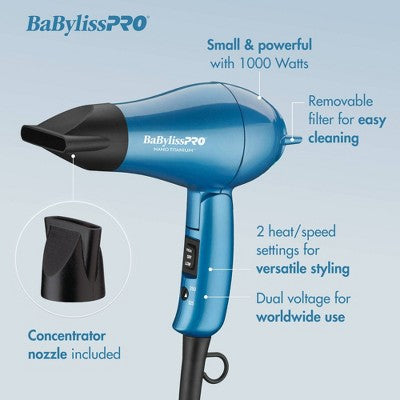 BaBylissPRO Nano Titanium Travel Hair Dryer Blue 1000W - New by This is Beauty US