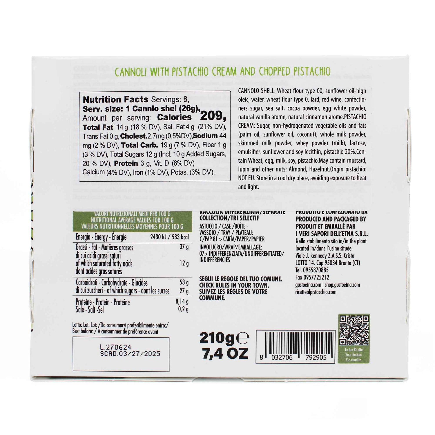 Gusto Etna, Sicilian 8 pcs Cannoli filled with Pistachio Cream Gift Box