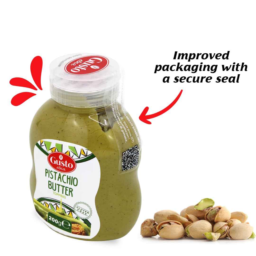 Gusto Etna Pistachio Butter Squeeze Bottle 200g (7.05 oz) – 20% Pistachios, Italian Pistachio Cream Spread for Desserts &amp; Viral Dubai Strawberry Cup