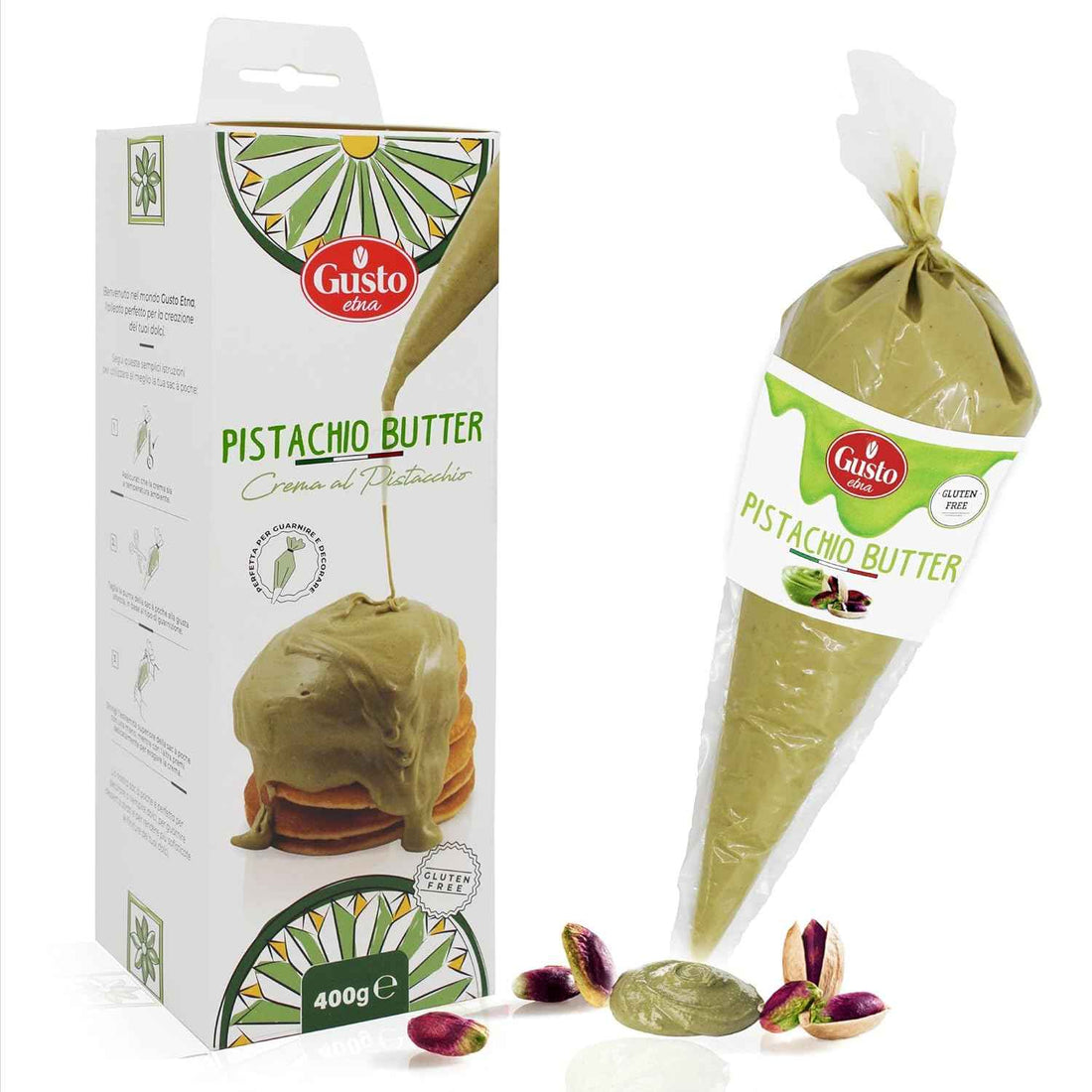 Gusto Etna Pistachio Nut Butter Cream Squeeze Pouch 400g (14.1 oz) – 20% Pistachio, Made in Italy, Pistachio Spread for Gelato, Pastry &amp; Desserts