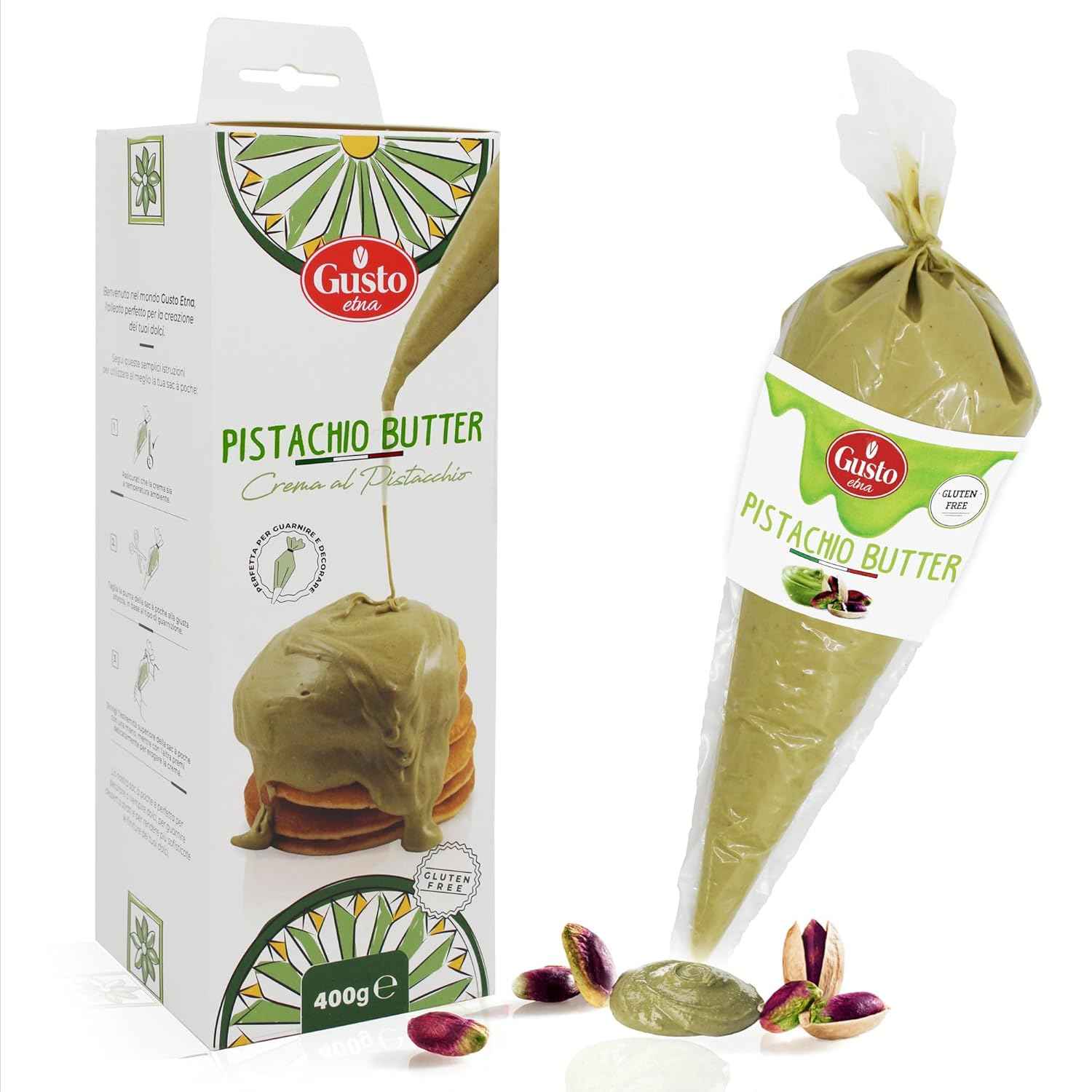Gusto Etna Pistachio Nut Butter Cream Squeeze Pouch 400g (14.1 oz) – 20% Pistachio, Made in Italy, Pistachio Spread for Gelato, Pastry &amp; Desserts