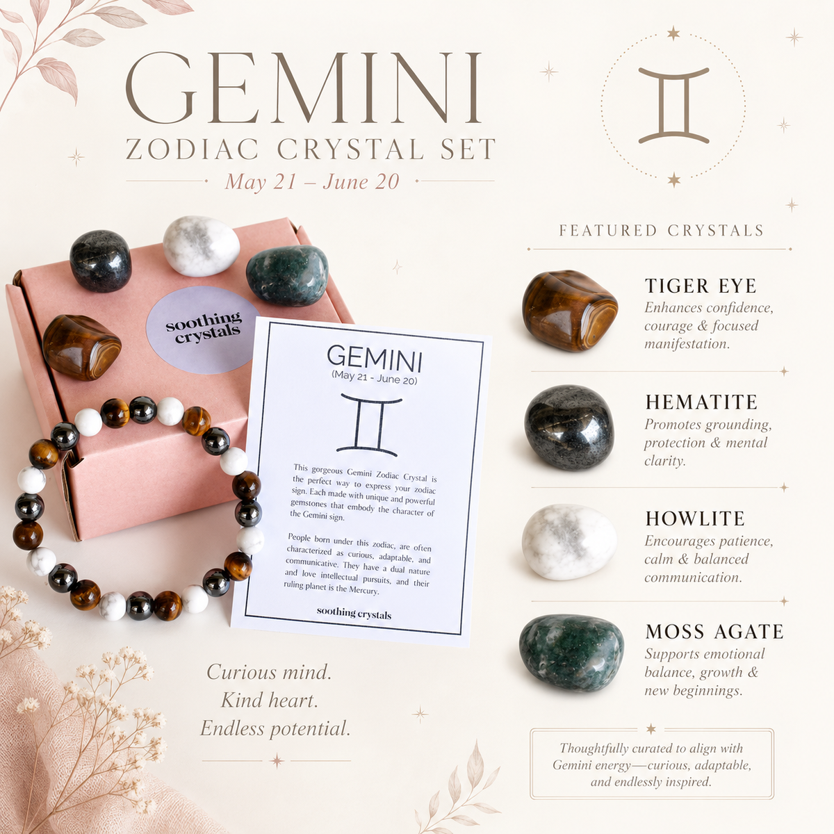 GEMINI Zodiac Crystal Kit, Gemini Birthstones Tumbled Stones Set, Gemini Gifts  DestGlow