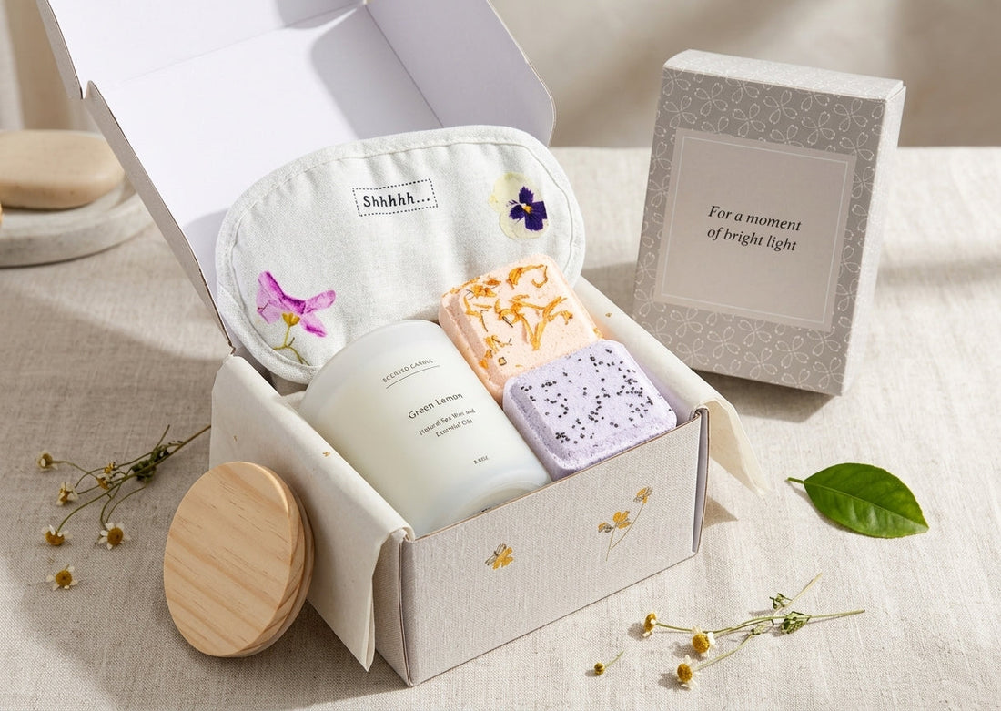 Green Lemon Candle Spa Gift Box,  Relaxing Package with Shower steamers and Eye Mask