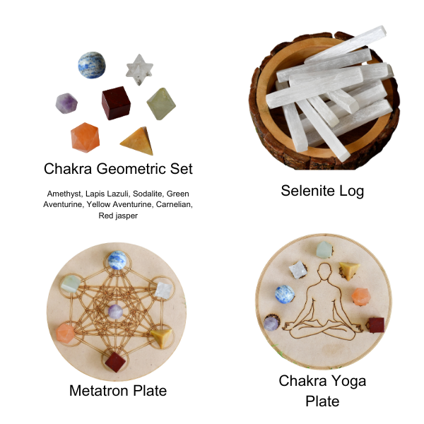 Chakra Crystals Geometric Set, 7 Chakra Plato Stones with Wooden Grid Plate, Selenite Log  DestGlow