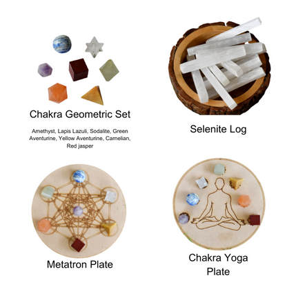 Chakra Crystals Geometric Set, 7 Chakra Plato Stones with Wooden Grid Plate, Selenite Log  DestGlow