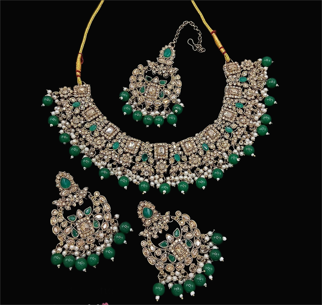 Joban Fashion Green Stone Work Necklace Set