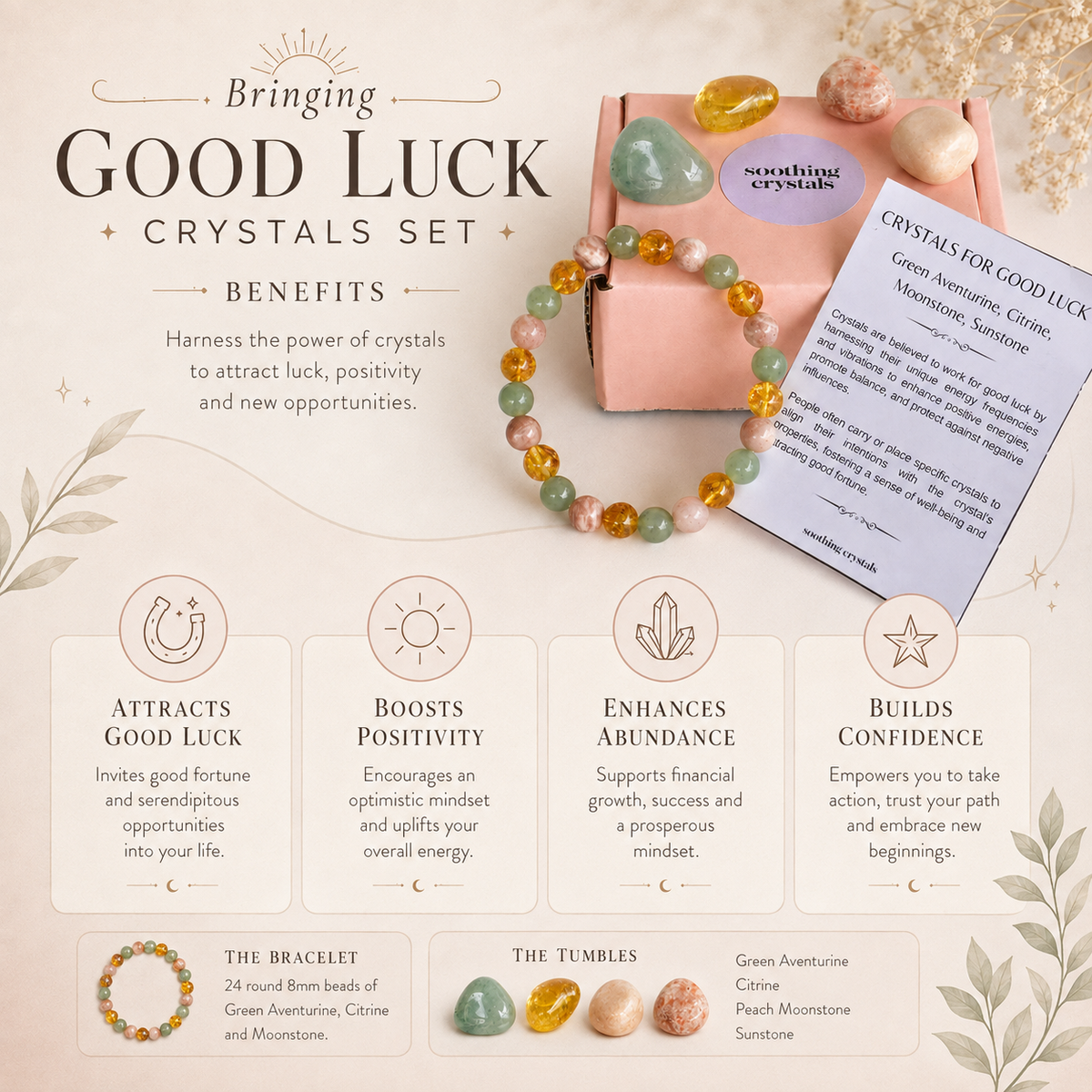 Bringing GOOD LUCK Crystal Kit, Gemstone Tumble Kit, Good Luck Crystal Gift Set  DestGlow