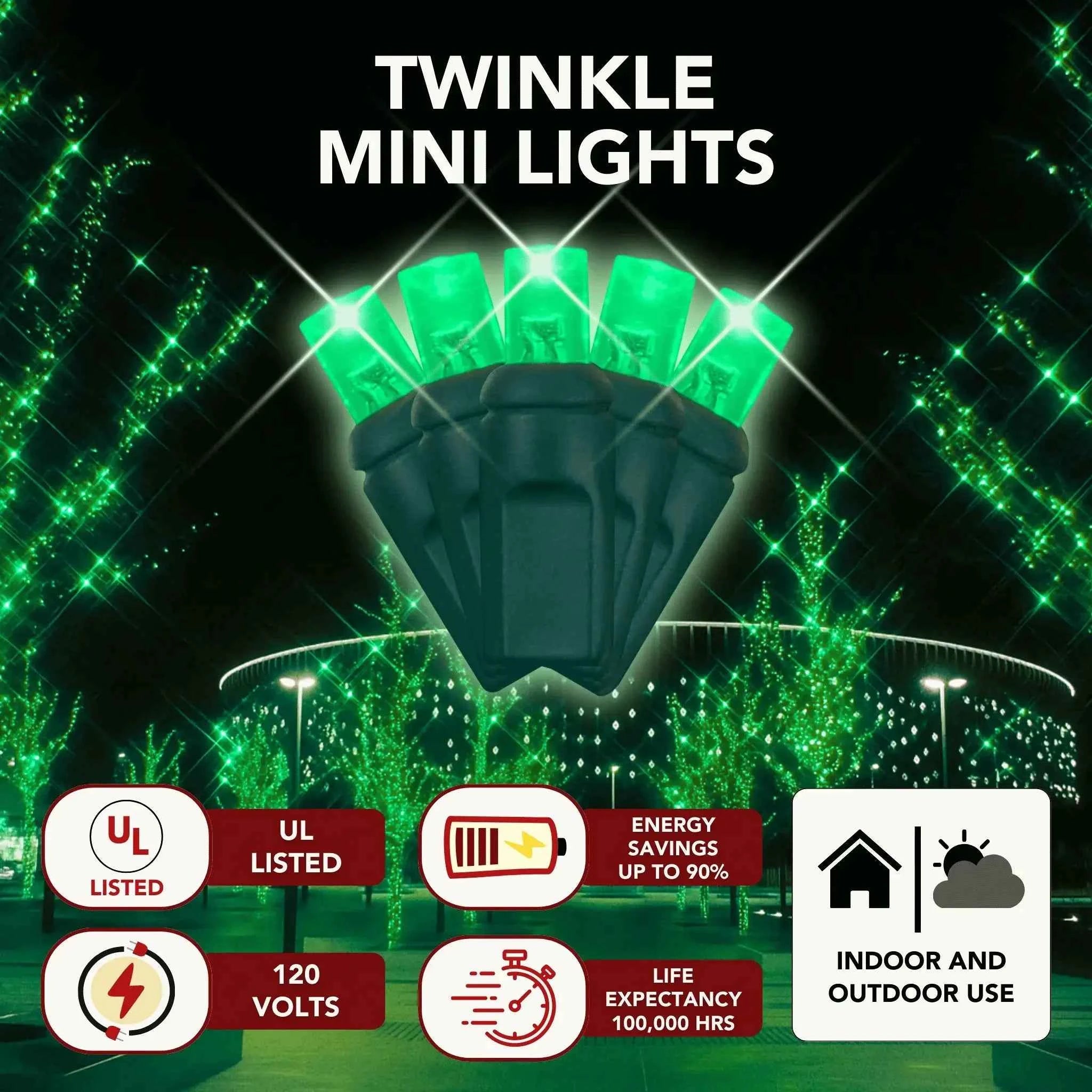 LED Mini Lights 5MM Green Twinkle Green Wire 6" Spacing