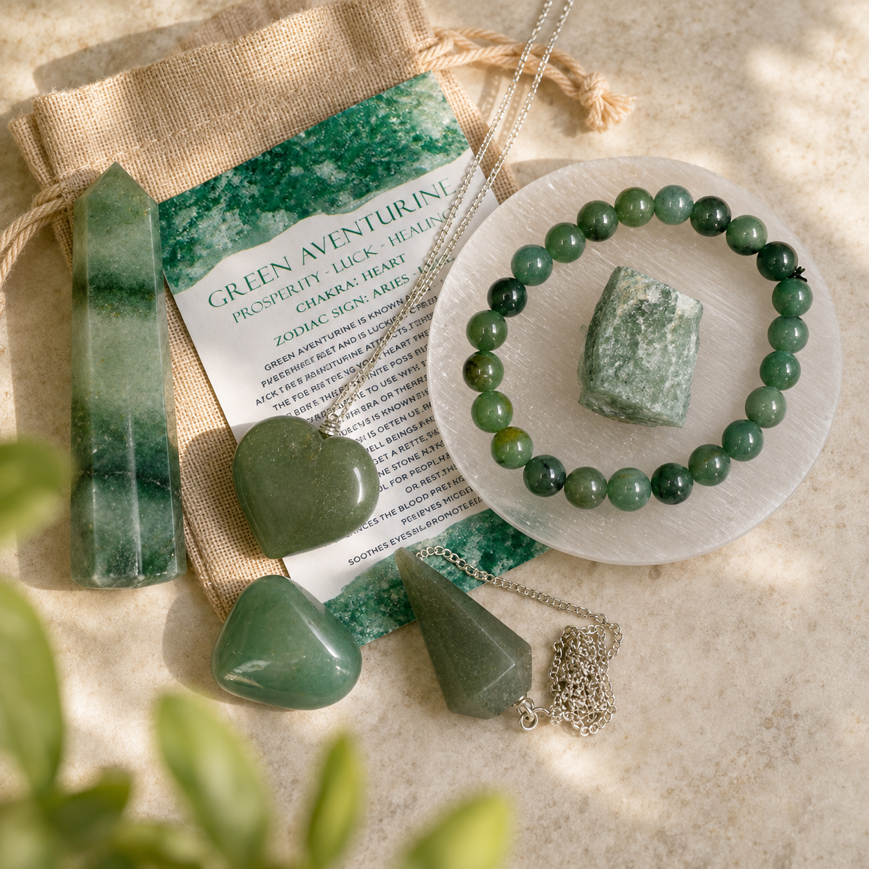 Green Aventurine Crystal Gift Set For Emotional Support and Protection, Real Polished Gemstones.  DestGlow