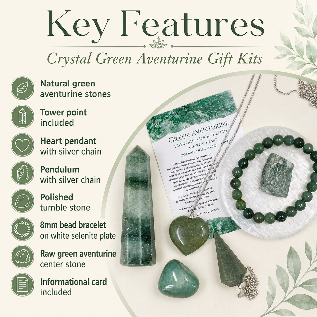 Green Aventurine Crystal Gift Set For Emotional Support and Protection, Real Polished Gemstones.  DestGlow