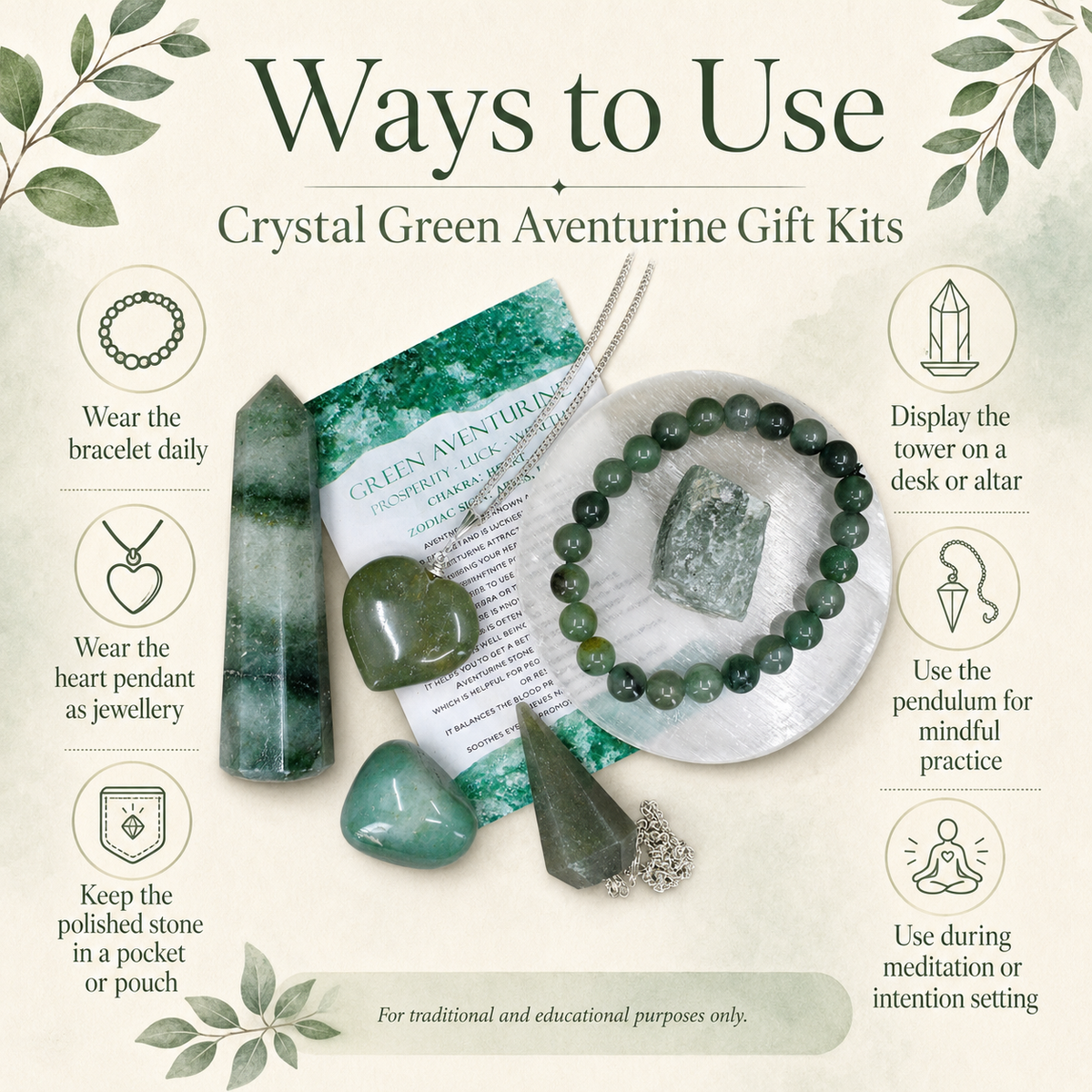 Green Aventurine Crystal Gift Set For Emotional Support and Protection, Real Polished Gemstones.  DestGlow