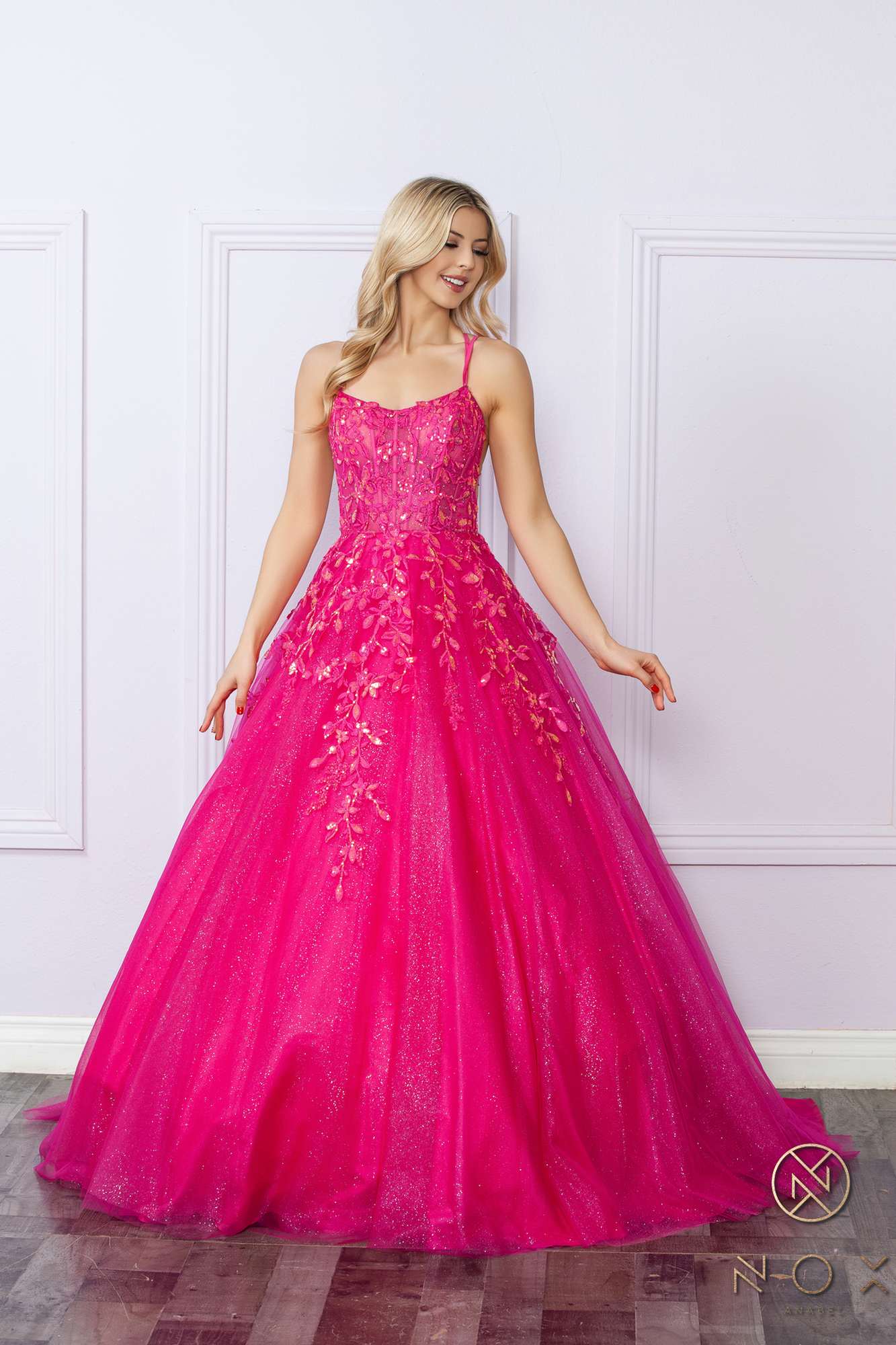 Nox Anabel H1271 Long Scoop Neckline Glitter Tulle A-Line Ballgown by DiscountDressShop