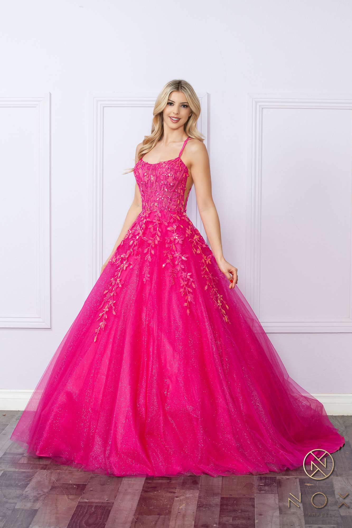 Nox Anabel H1271 Long Scoop Neckline Glitter Tulle A-Line Ballgown by DiscountDressShop