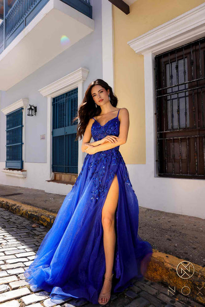 Nox Anabel H1350 Long A-Line Glitter Tulle Embroidered Sequin Applique Dress by DiscountDressShop