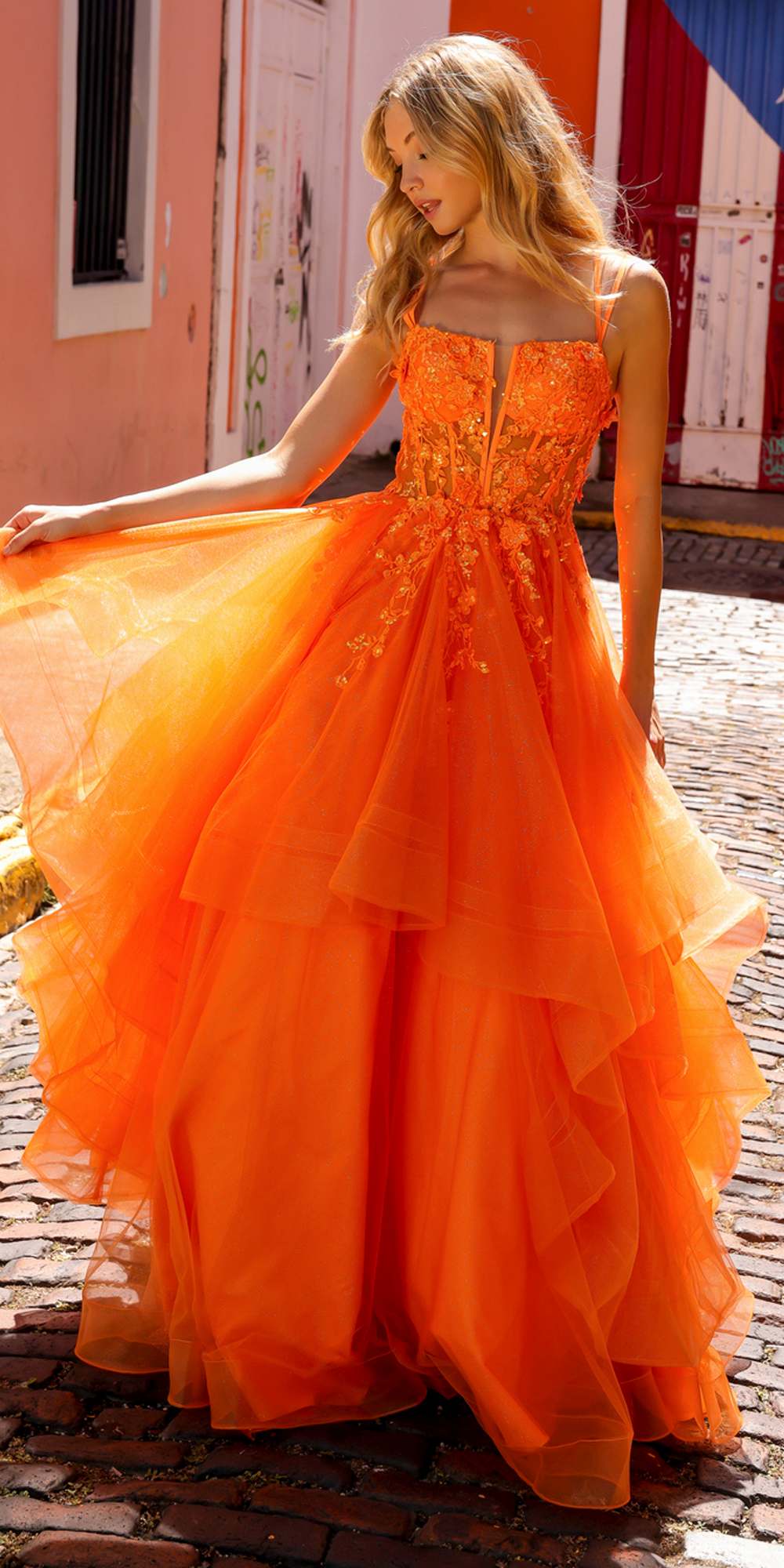 Nox Anabel H1351 Long A-Line Tiered Layered Ruffled Tulle Ballgown - DestGlow