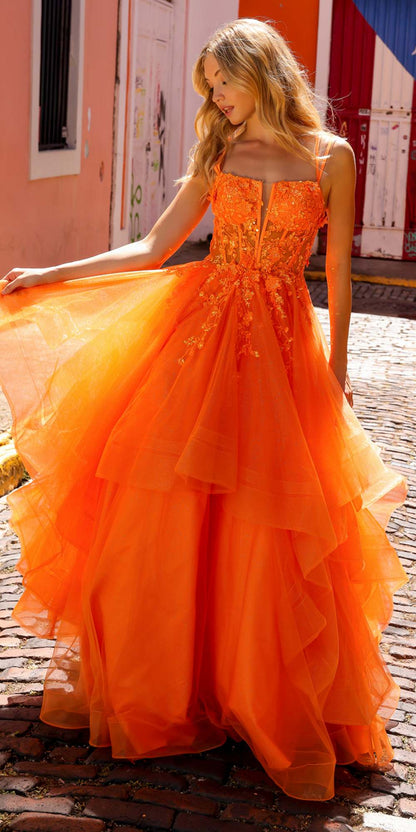Nox Anabel H1351 Long A-Line Tiered Layered Ruffled Tulle Ballgown - DestGlow