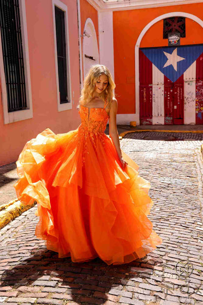 Nox Anabel H1351 Long A-Line Tiered Layered Ruffled Tulle Ballgown - DestGlow