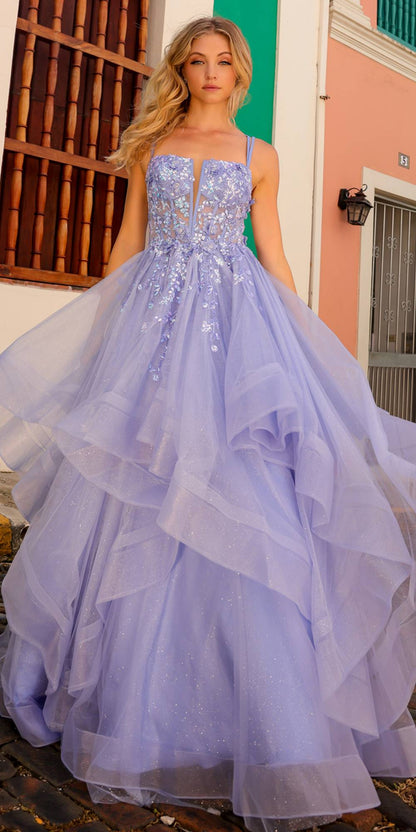 Nox Anabel H1351 Long A-Line Tiered Layered Ruffled Tulle Ballgown - DestGlow