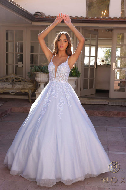 Nox Anabel H1357 Plunging Illusion Neckline Corset A-Line Ballgown by DiscountDressShop