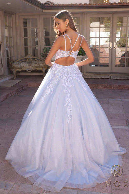 Nox Anabel H1357 Plunging Illusion Neckline Corset A-Line Ballgown by DiscountDressShop