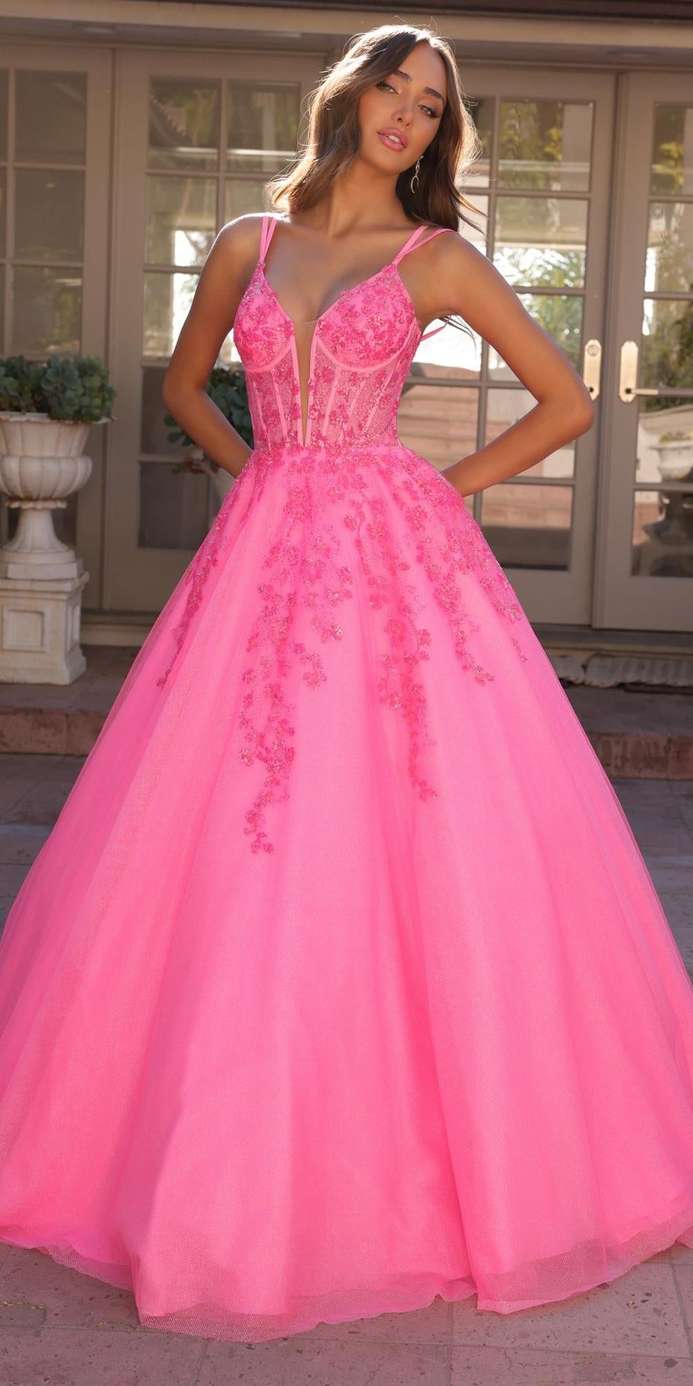 Nox Anabel H1357 Plunging Illusion Neckline Corset A-Line Ballgown by DiscountDressShop