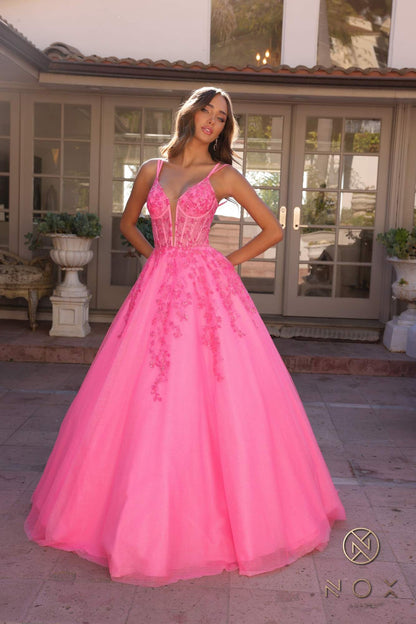Nox Anabel H1357 Plunging Illusion Neckline Corset A-Line Ballgown by DiscountDressShop
