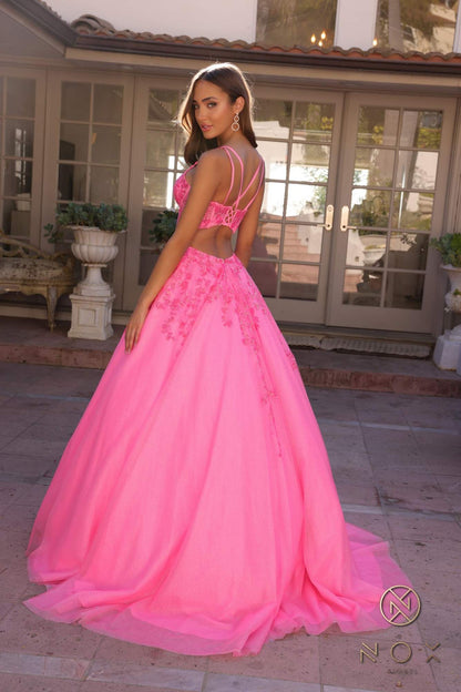 Nox Anabel H1357 Plunging Illusion Neckline Corset A-Line Ballgown by DiscountDressShop