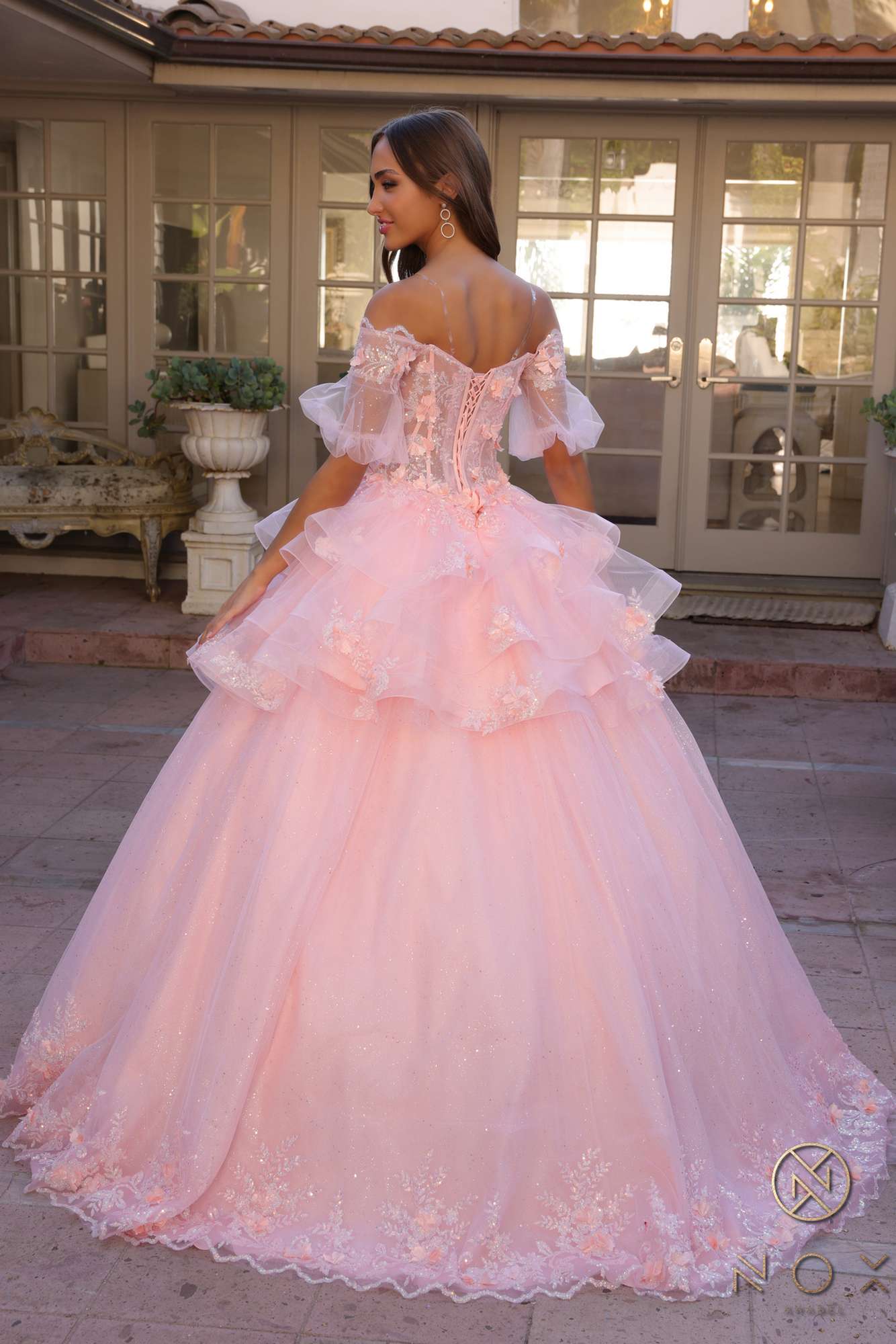 Nox Anabel H1360 Off the Shoulder 3D Floral A-Line Gown Removable Skirt by DiscountDressShop
