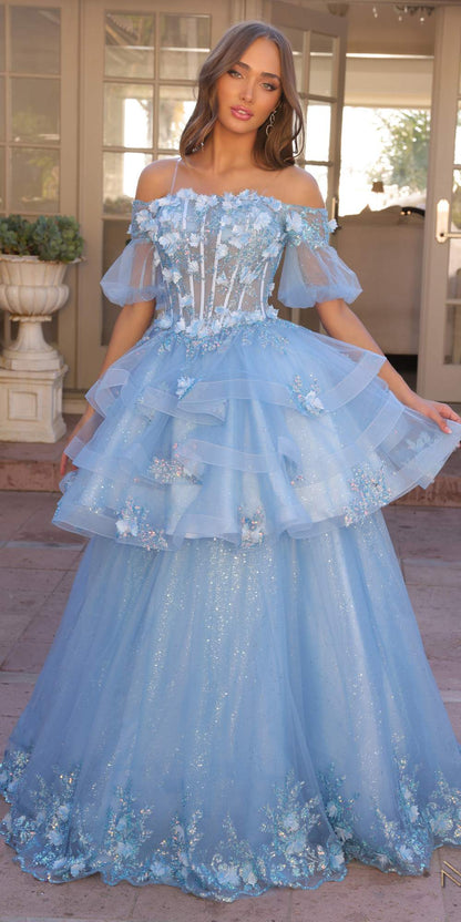 Nox Anabel H1360 Off the Shoulder 3D Floral A-Line Gown Removable Skirt by DiscountDressShop