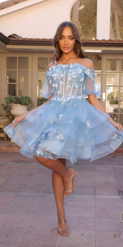 Nox Anabel H1360 Off the Shoulder 3D Floral A-Line Gown Removable Skirt by DiscountDressShop