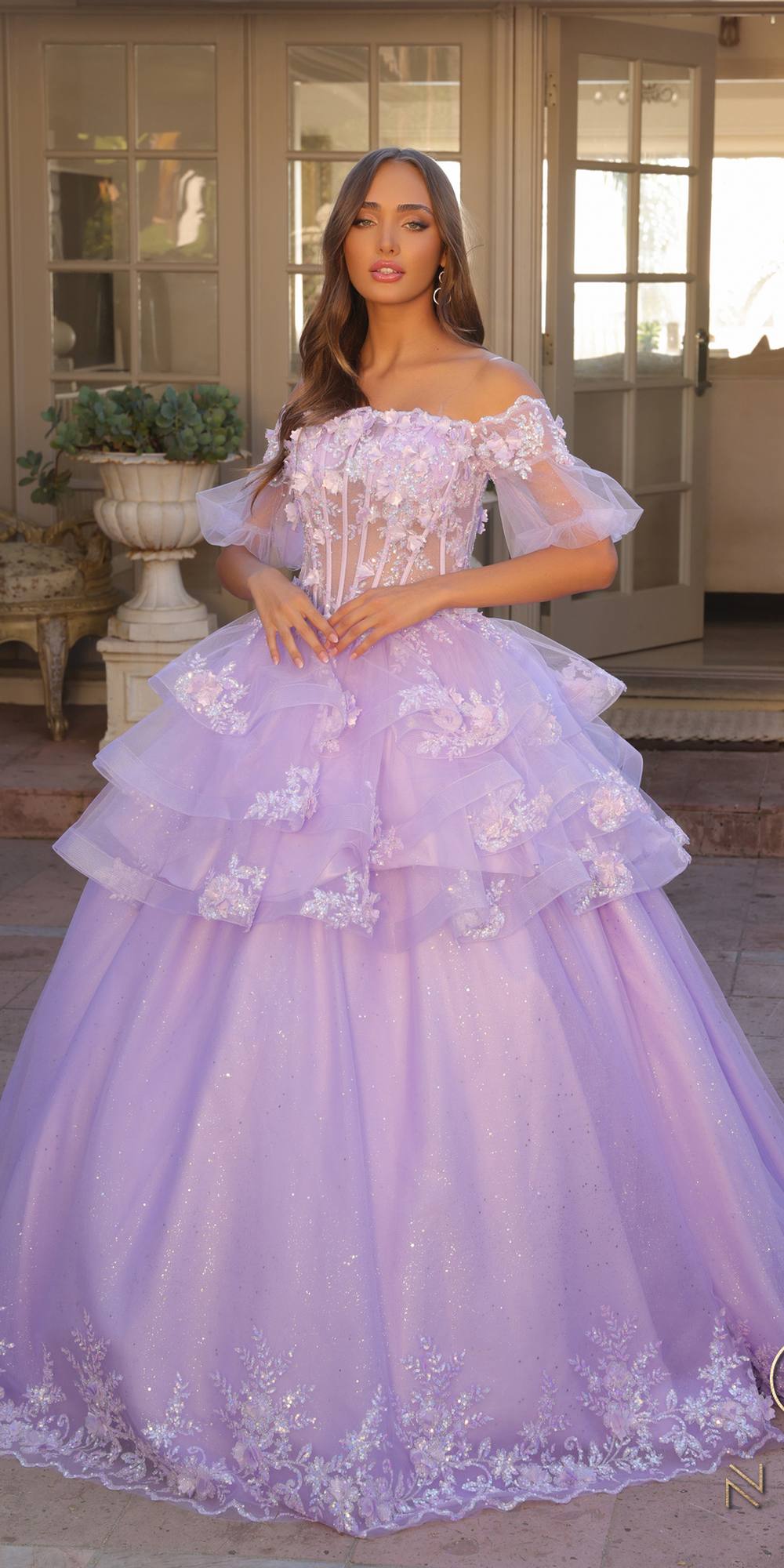 Nox Anabel H1360 Off the Shoulder 3D Floral A-Line Gown Removable Skirt by DiscountDressShop