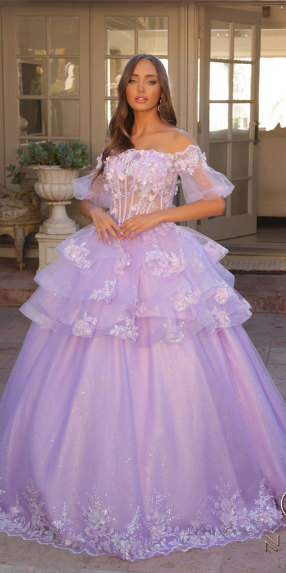 Nox Anabel H1360 Off the Shoulder 3D Floral A-Line Gown Removable Skirt by DiscountDressShop