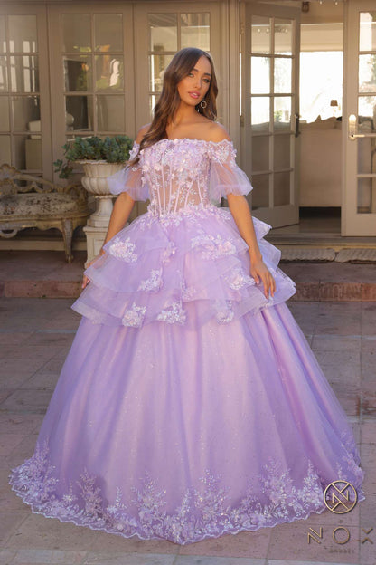 Nox Anabel H1360 Off the Shoulder 3D Floral A-Line Gown Removable Skirt by DiscountDressShop