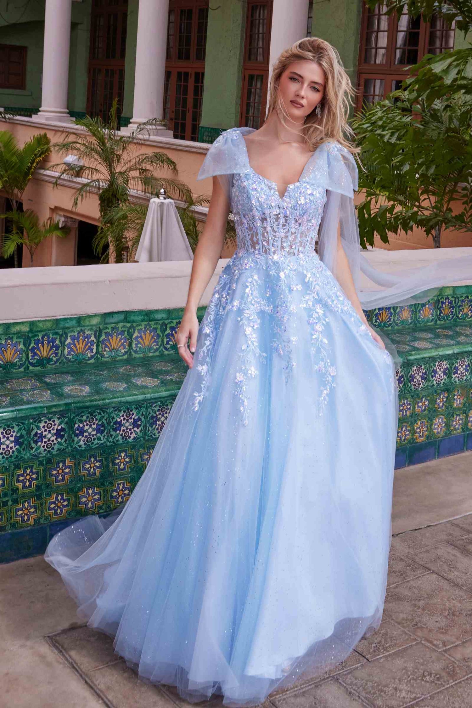 Nox Anabel H1680 Draped Tie-Up Straps Applique Tulle Dress by DiscountDressShop
