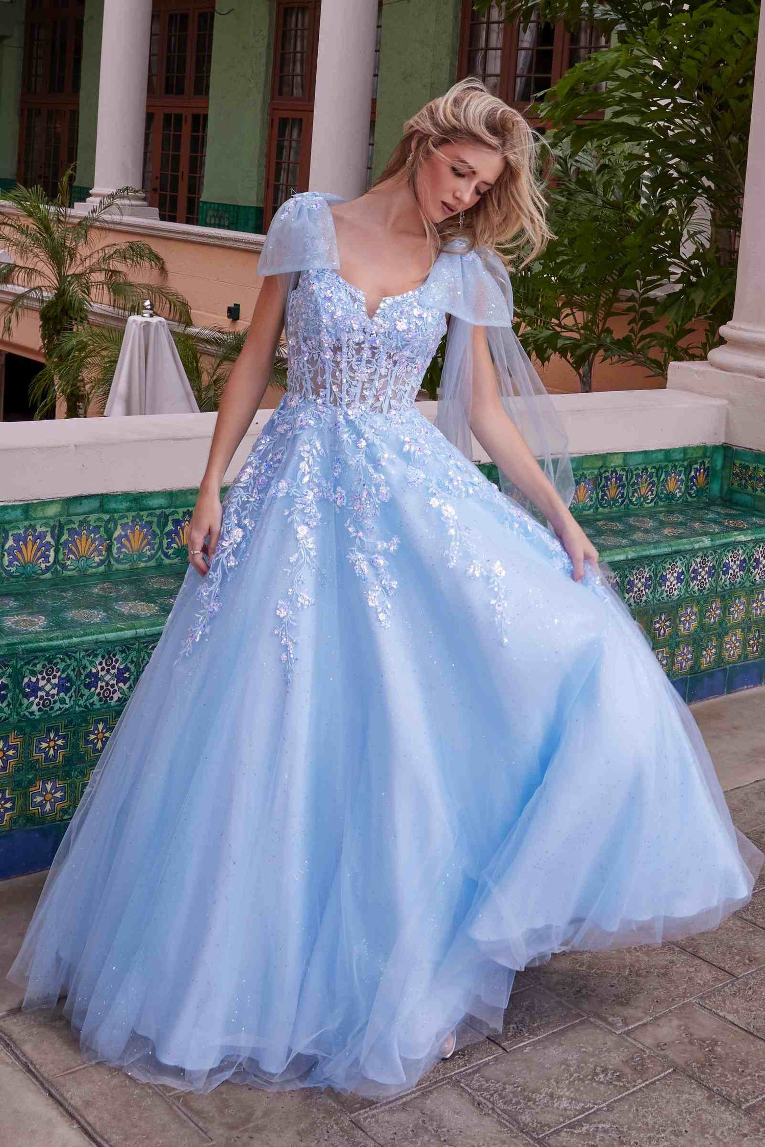 Nox Anabel H1680 Draped Tie-Up Straps Applique Tulle Dress by DiscountDressShop