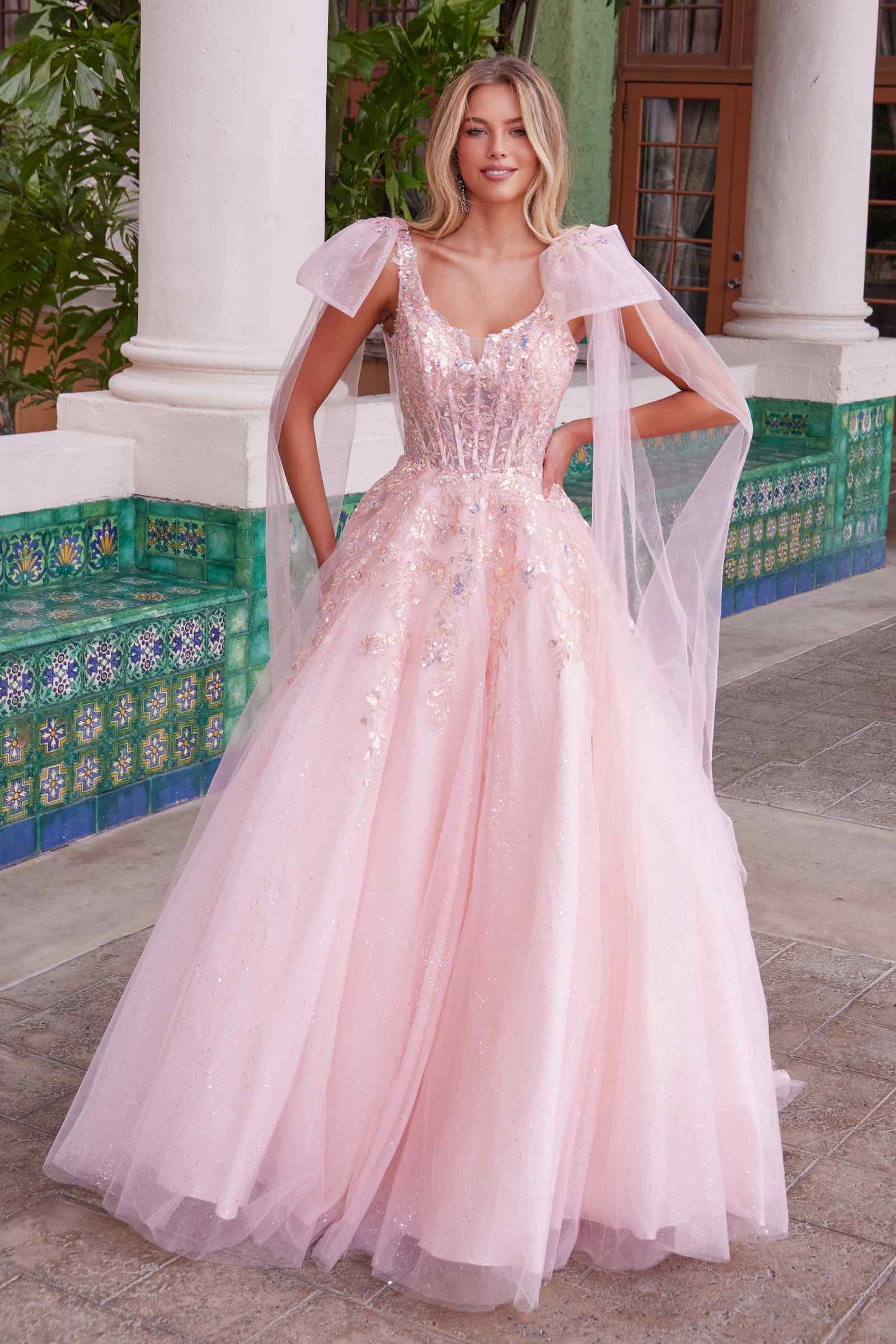 Nox Anabel H1680 Draped Tie-Up Straps Applique Tulle Dress by DiscountDressShop