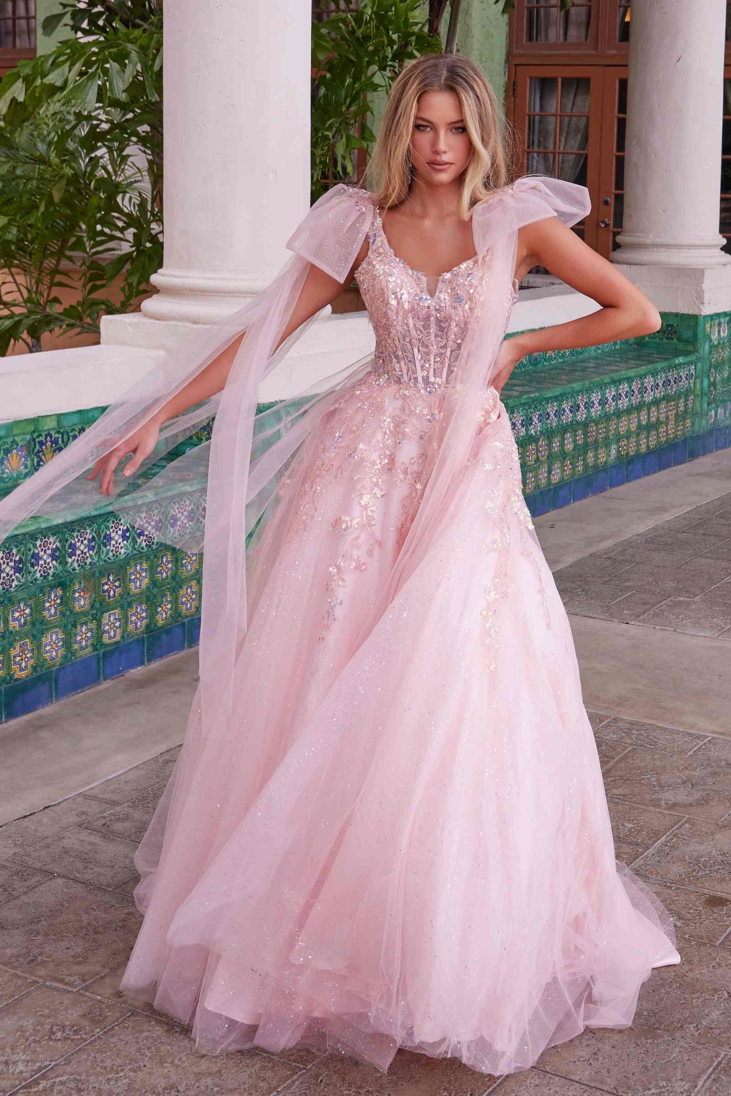 Nox Anabel H1680 Draped Tie-Up Straps Applique Tulle Dress by DiscountDressShop