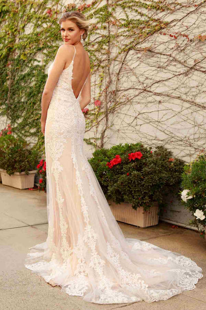 Nox Anabel H494 Spaghetti Strap V-Neckline Long Lace Wedding Gown by DiscountDressShop