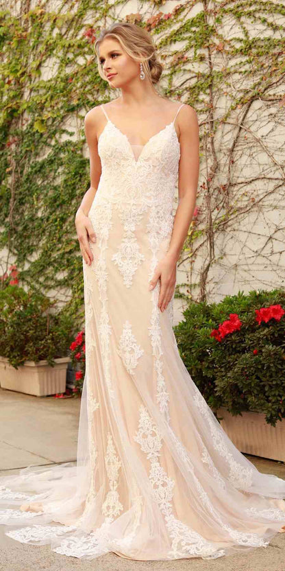 Nox Anabel H494 Spaghetti Strap V-Neckline Long Lace Wedding Gown by DiscountDressShop