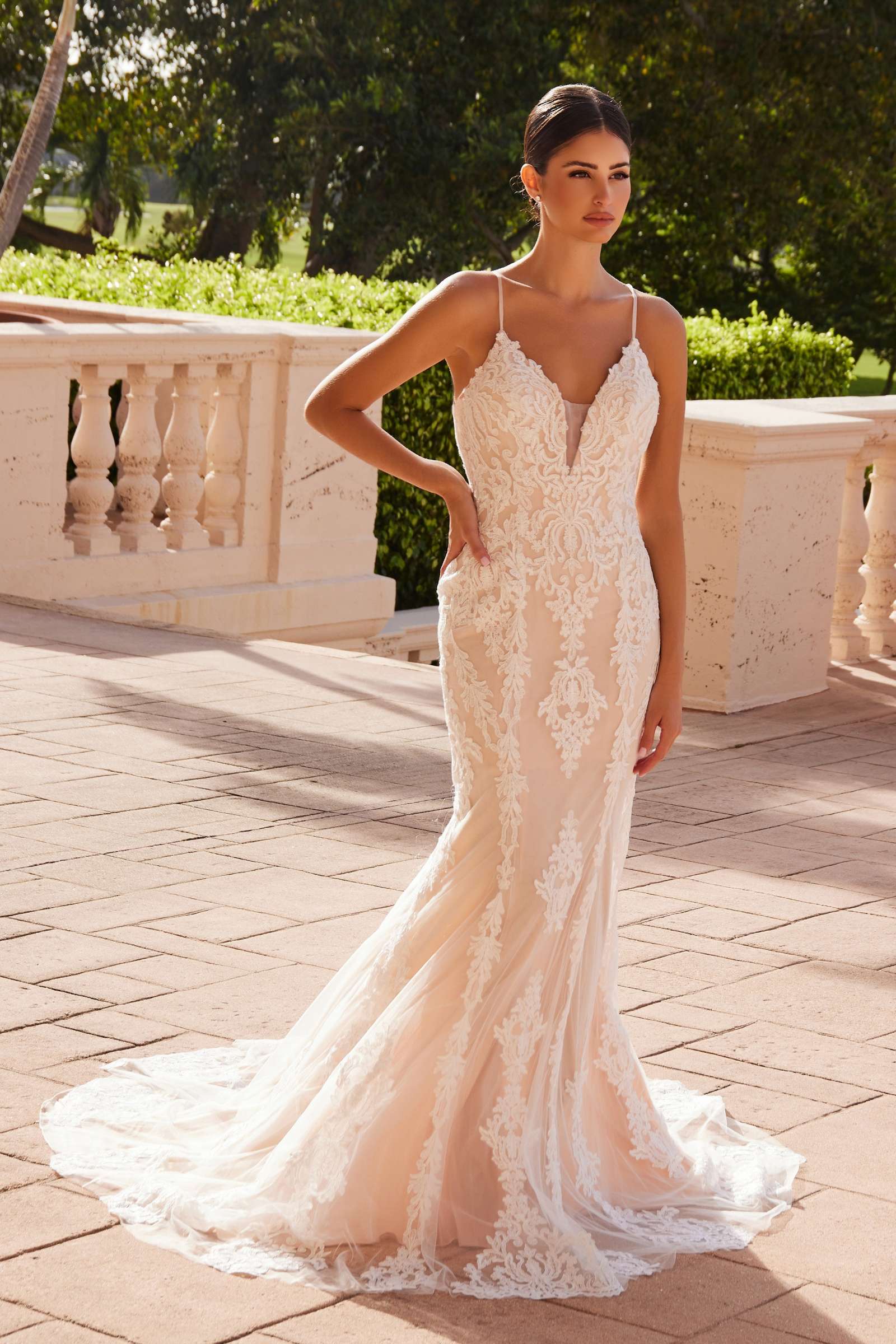 Nox Anabel H494 Spaghetti Strap V-Neckline Long Lace Wedding Gown by DiscountDressShop