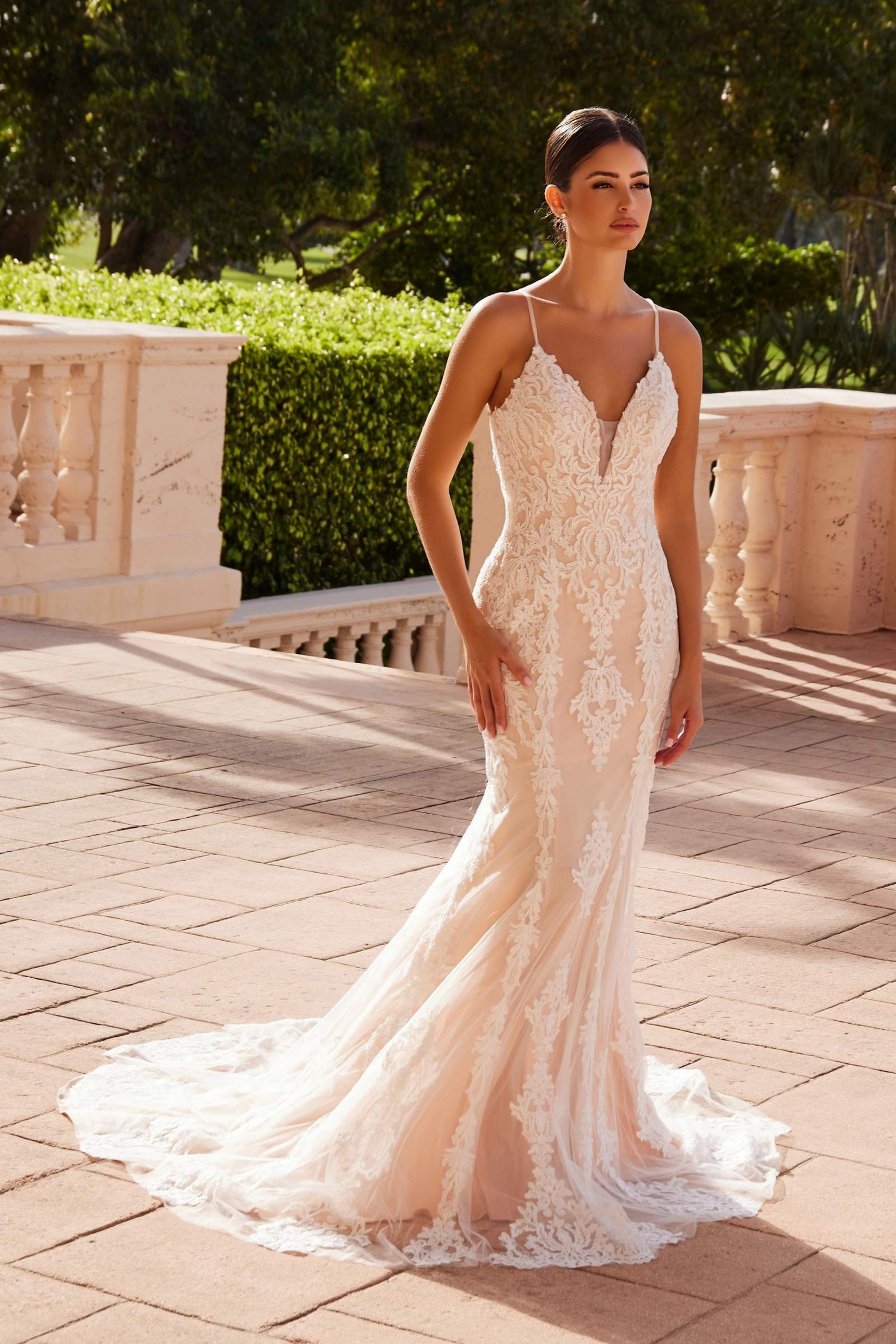 Nox Anabel H494 Spaghetti Strap V-Neckline Long Lace Wedding Gown by DiscountDressShop