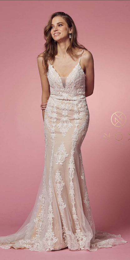 Nox Anabel H494 Spaghetti Strap V-Neckline Long Lace Wedding Gown by DiscountDressShop