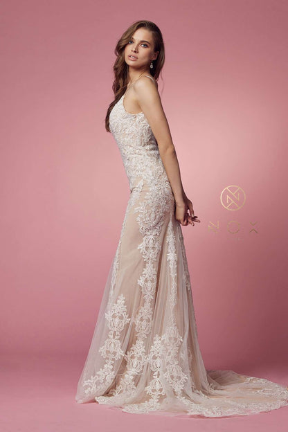Nox Anabel H494 Spaghetti Strap V-Neckline Long Lace Wedding Gown by DiscountDressShop