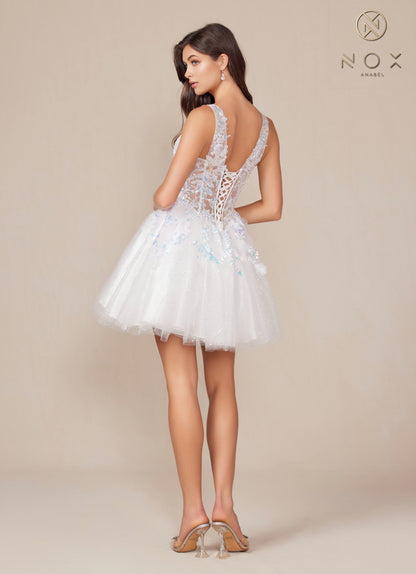 Nox Anabel H846W Short Glitter Sequin Applique White A-Line Dress by DiscountDressShop
