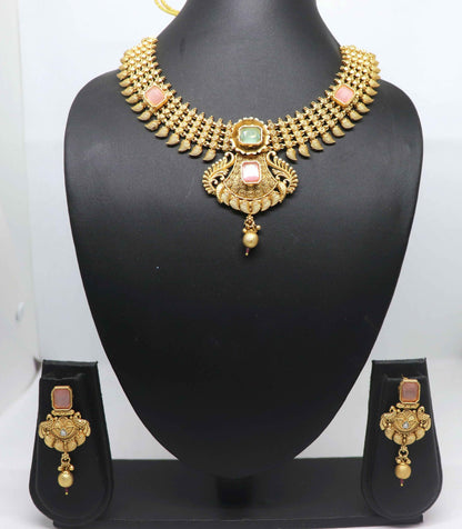 Joban Fashion Peach&amp;Green Stone Pure Brass With Rajwadi Polish Necklace Set